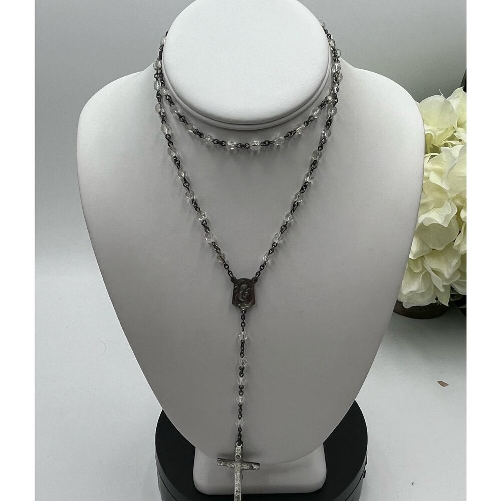 Creed Signed Vintage Sterling Silver Round Faceted Glass Cross‎ Rosary